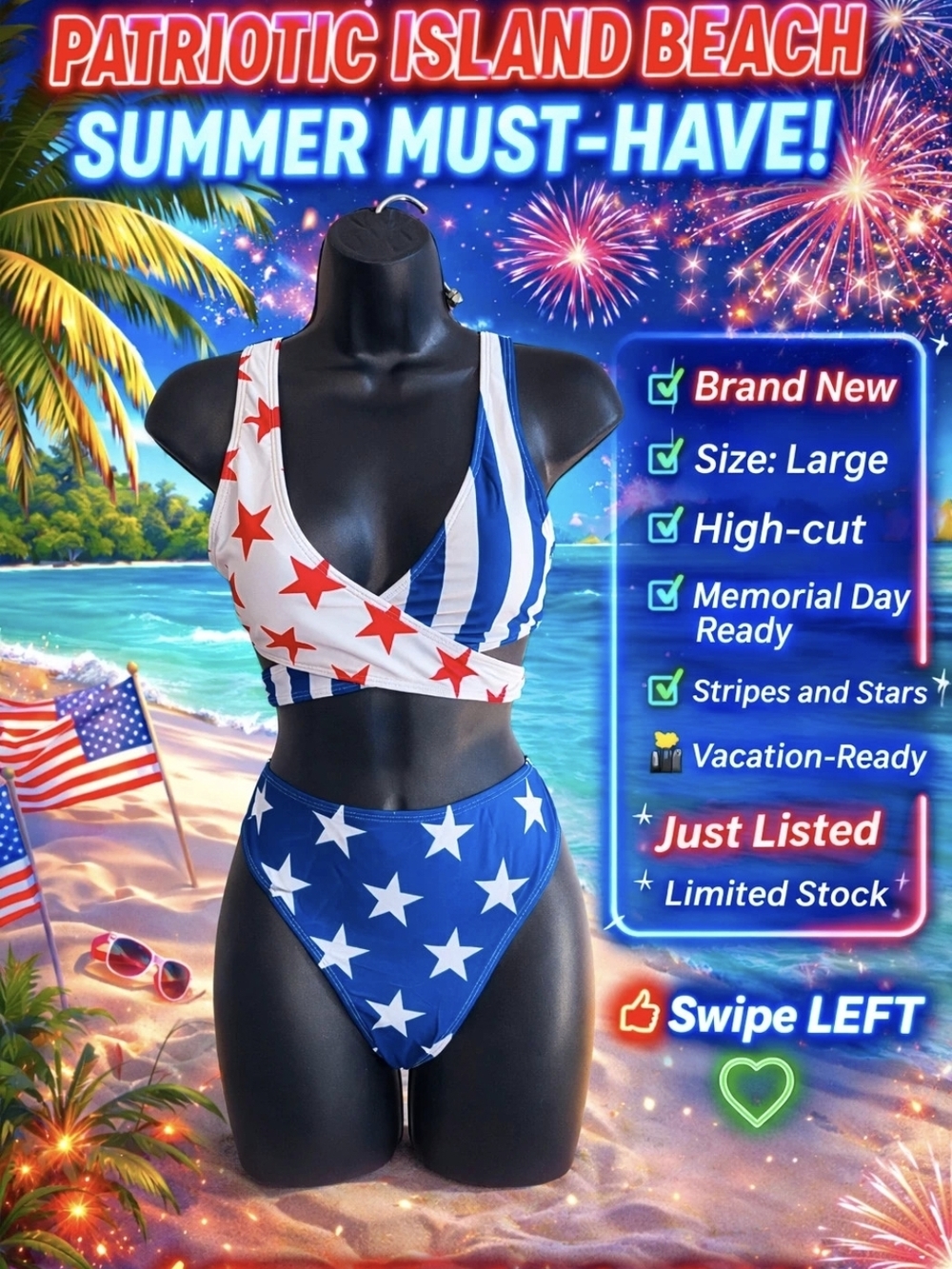 Patriotic Stars & Stripes High-Cut Bikini — Blue & White with Red Accents